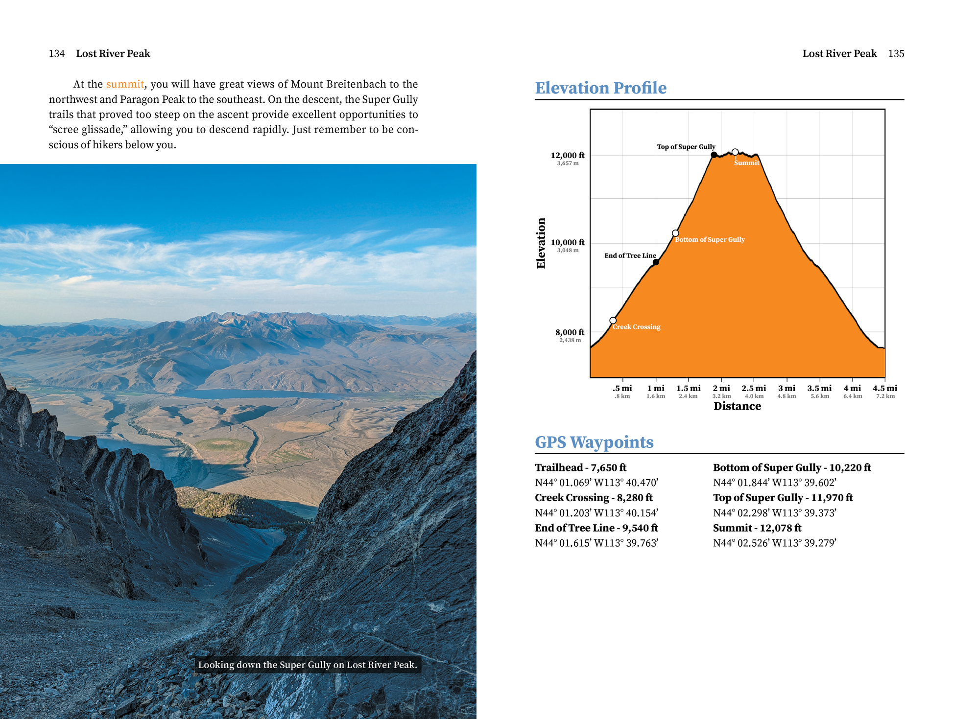 Pages 134 and 135 in Idaho Twelvers, showing the Super Gully and an elevation profile of Lost River Peak